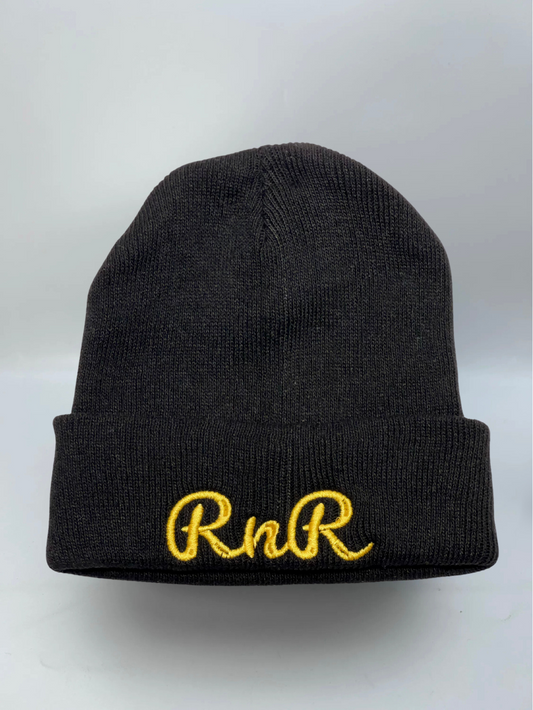 Rocks N' Roses black golf beanie featuring the Rocks N' Roses cursive RNR embroidered logo in gold.