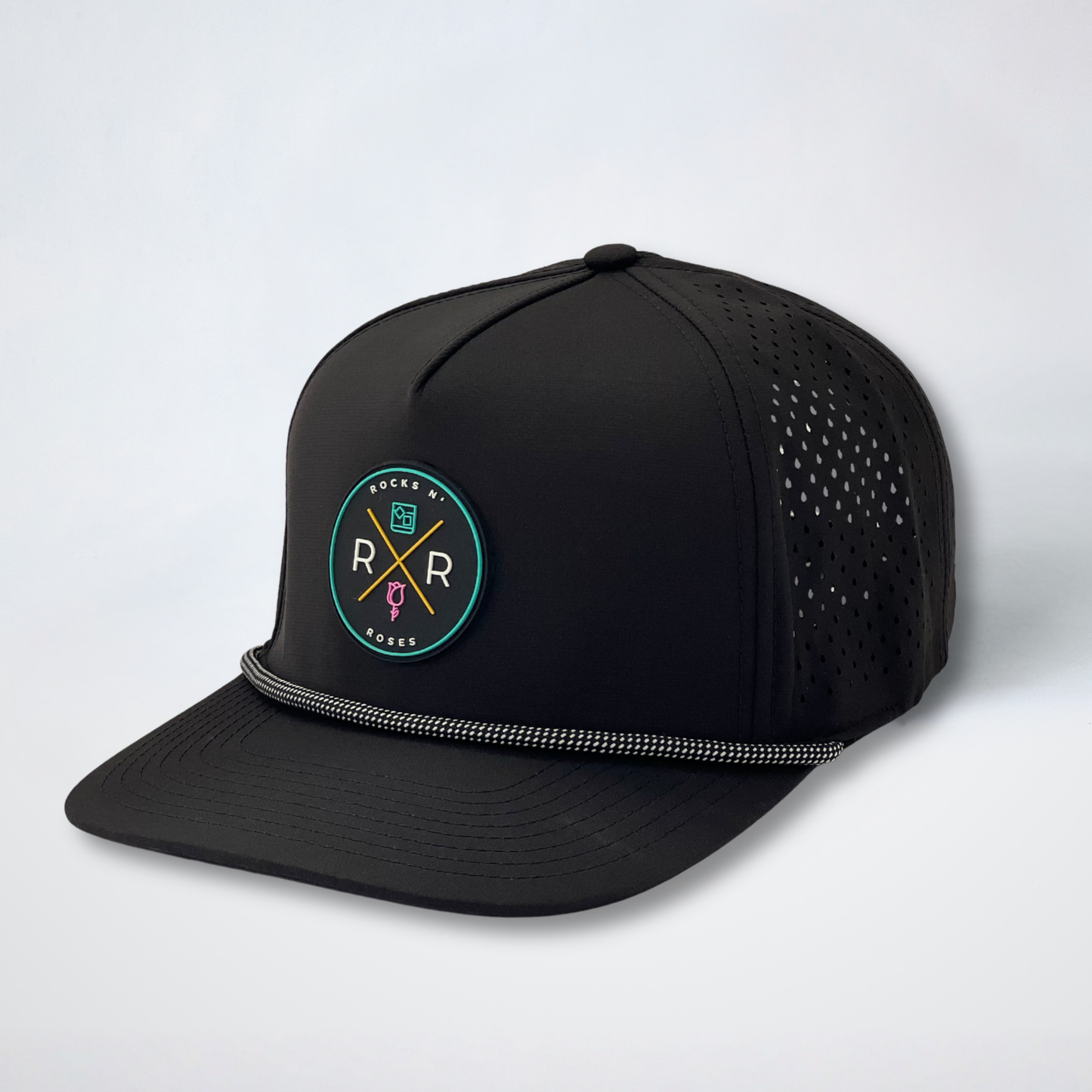 Unisex Black golf hat, multi-color logo, laser perforated for breathability, snapback with black and white accent rope.