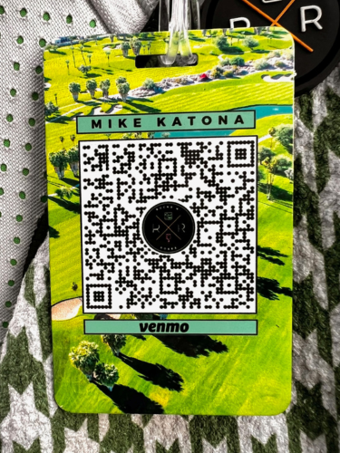 Image of Rocks N' Roses Aluminum Metal Venmo golf bag tag. The front of our "Flyby" bag tag features an aerial image of a golf course, your name, and your Venmo QR code.