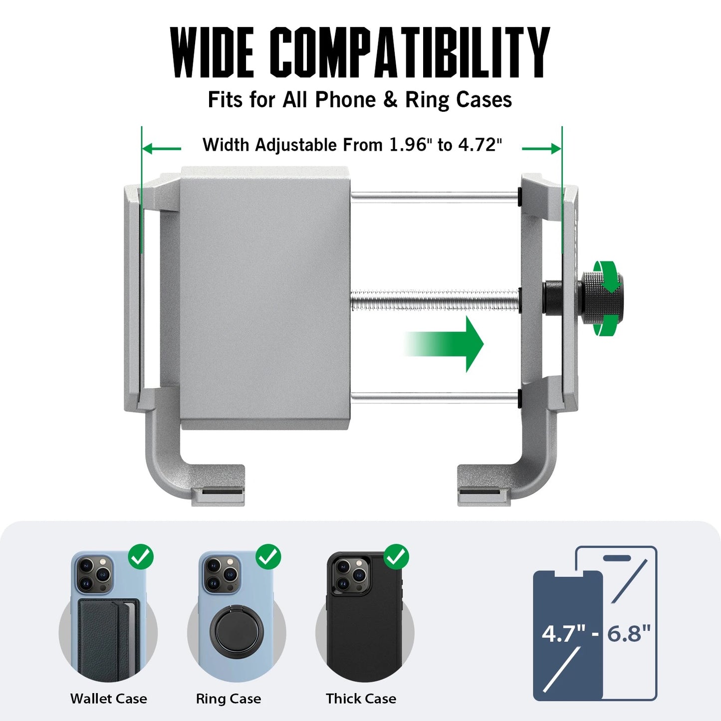 The Dprofy magnetic phone holder for golf cards fits all size smart phones with its adjustable frame that can be adjusted from 1.96" to 4.72" wide. it can accommodate a wallet case, ring case or thick case.