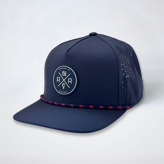 Rocks N' Roses Polyester Navy Blue Golf Hat featuring a navy blue and white rubber logo and navy blue and red decorative rope.