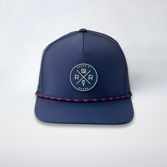 Rocks N' Roses Polyester Navy Blue Golf Hat featuring a navy blue and white rubber logo and navy blue and red decorative rope.