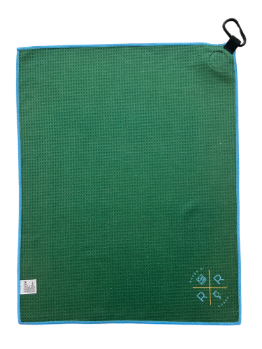 Back of the Rocks N' Roses green paint splattered magnetic golf towel which features a carabiner for easy attachment to your golf bag and magnet for easy attachment to golf carts.