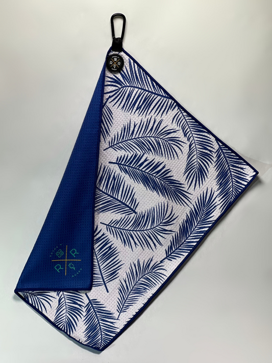 Rocks N' Roses navy blue and white palm tree pattern magnetic golf towel.