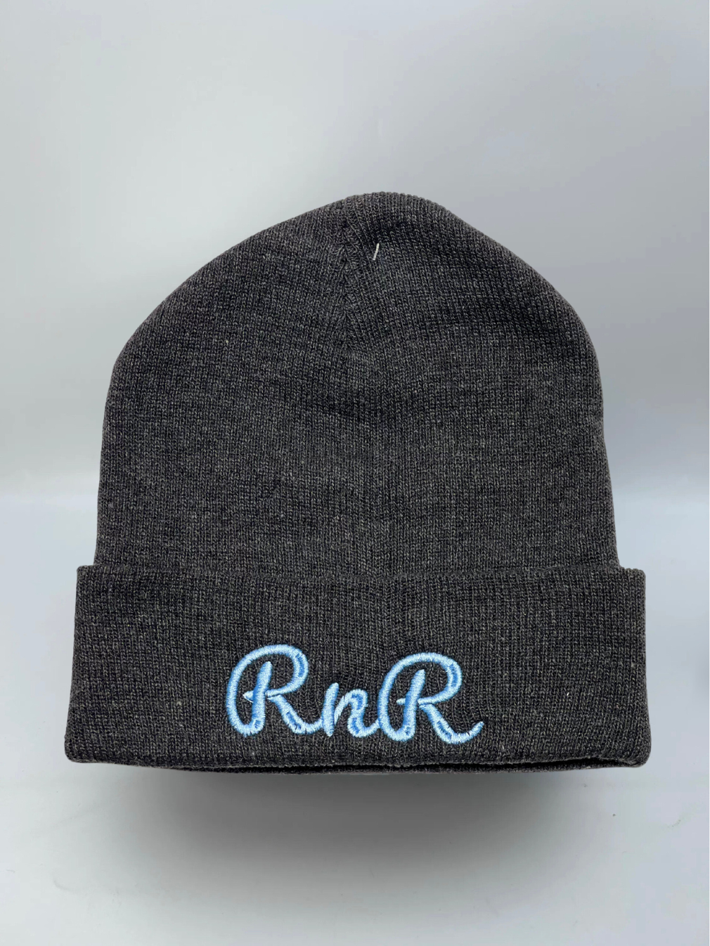 Rocks N' Roses gray golf beanie featuring the Rocks N' Roses cursive RNR embroidered logo in powder blue.