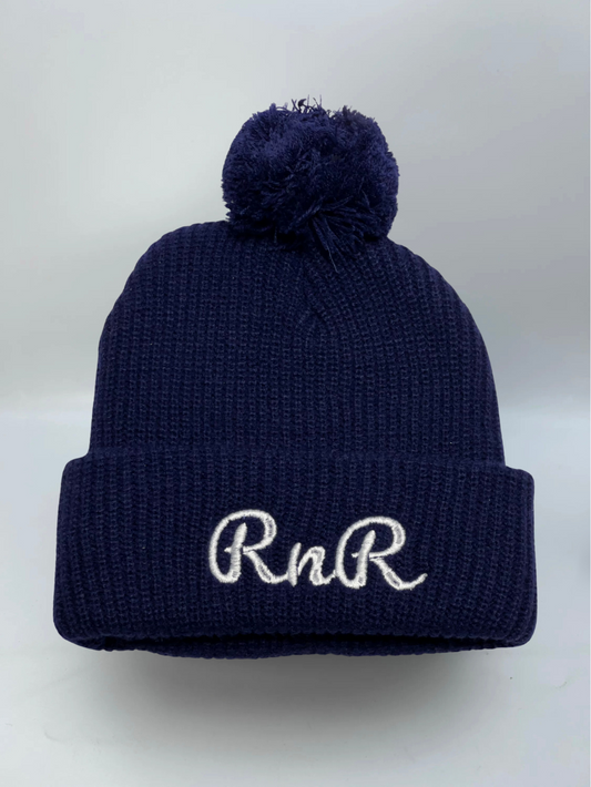 Navy Blue Beanie featuring the Rocks N' Roses cursive embroidered logo RNR