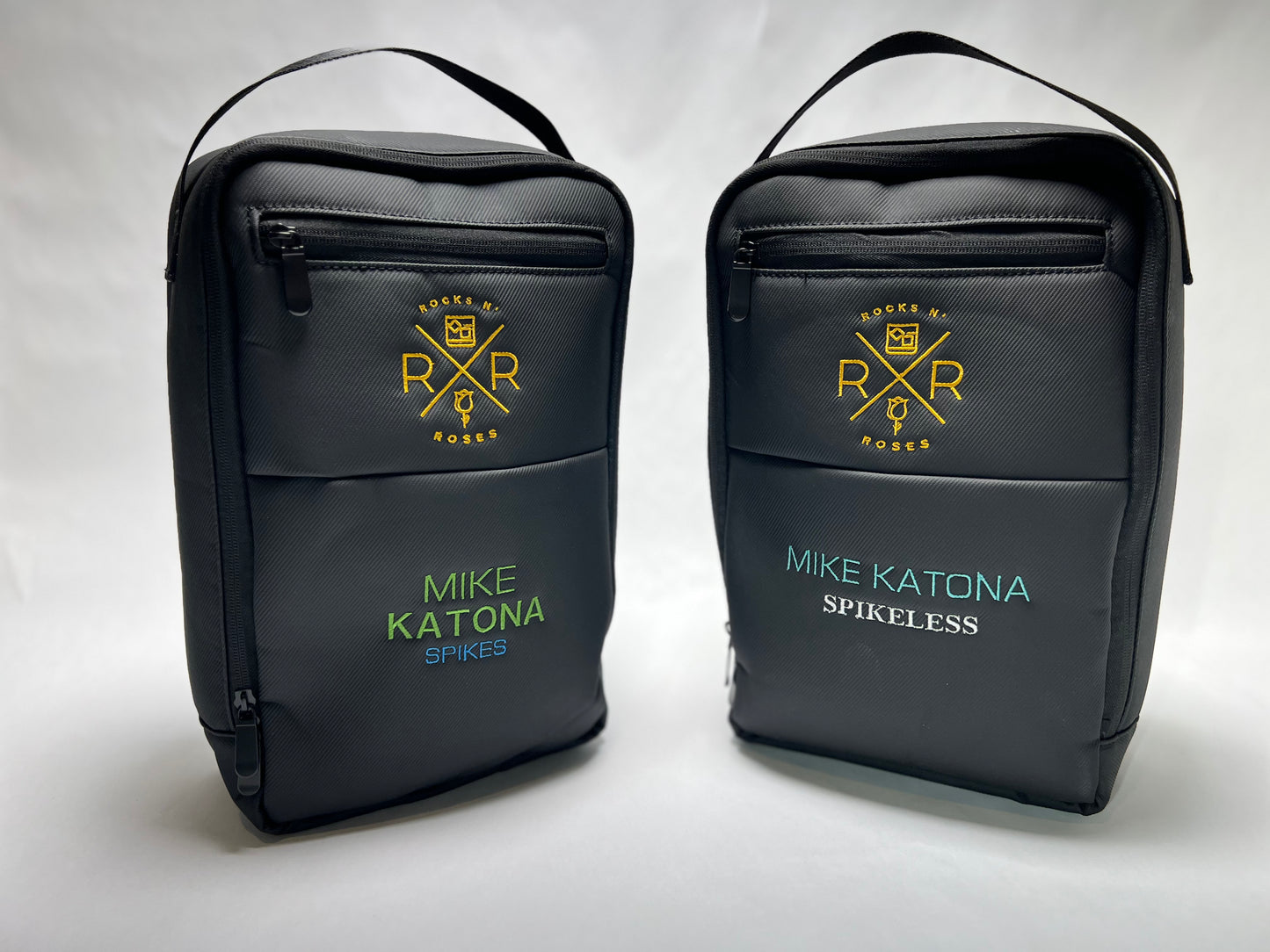 Photo of a custom embroidered golf shoe bag by Rock N' Roses that can feature your name, logo, or other custom information. This bag is the perfect for carrying into the country club or as gift or gift bag!