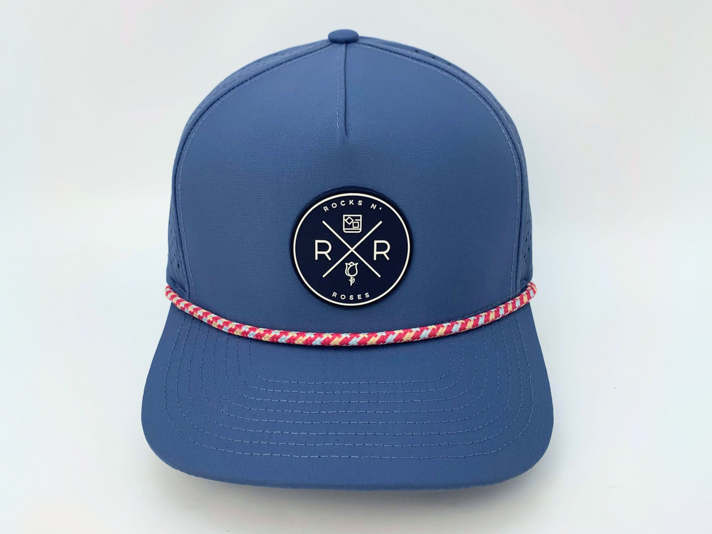 Rocks N' Roses Polyester Blue Steel Golf Hat featuring a navy blue and white rubber logo and red, white and blue decorative rope.
