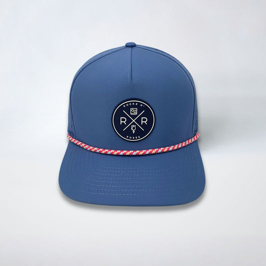 Rocks N' Roses Polyester Blue Steel Golf Hat featuring a navy blue and white rubber logo and red, white and blue decorative rope.