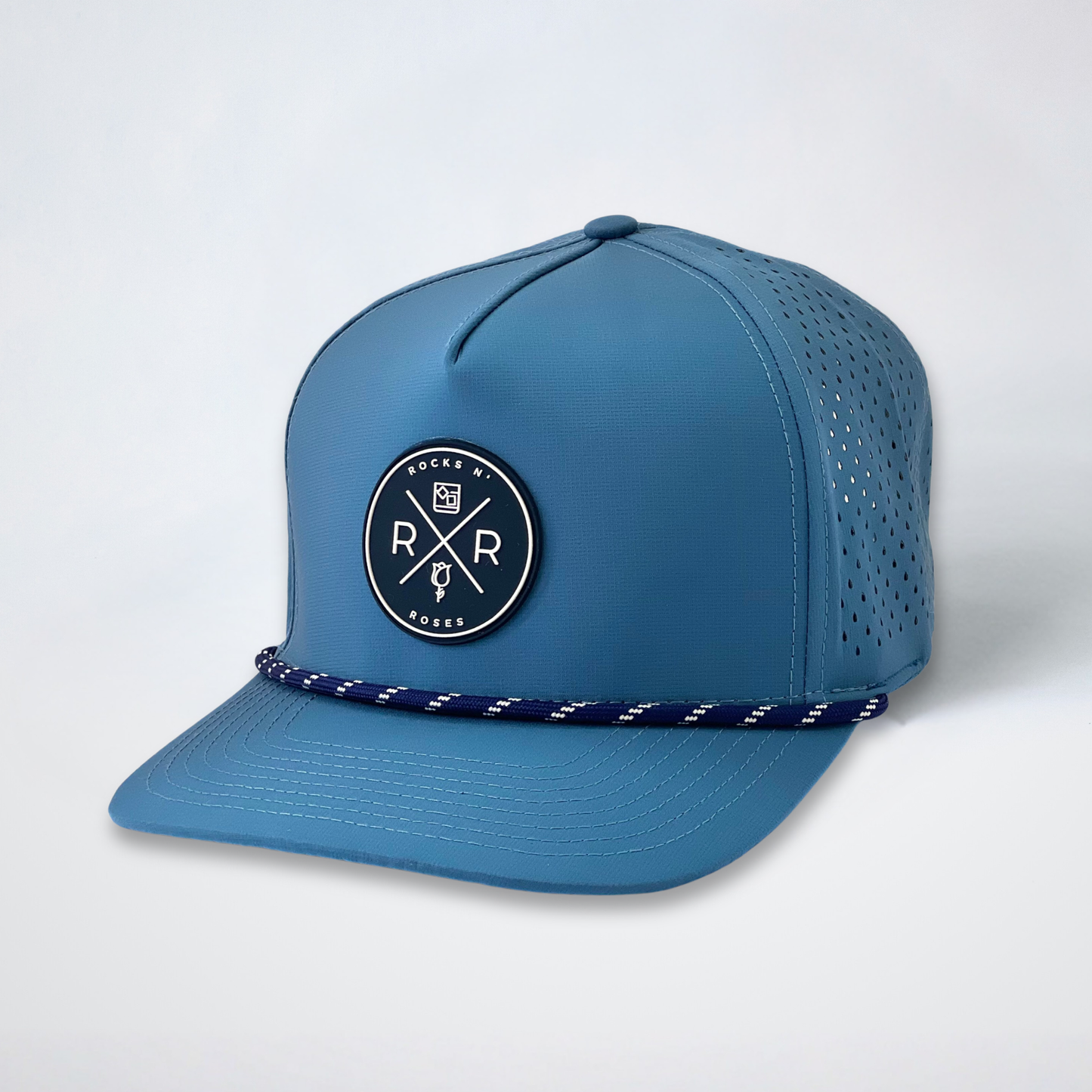 Rocks N' Roses Polyester Steel light Blue Golf Hat with Blue and White Rubber logo and blue and white decorative rope.