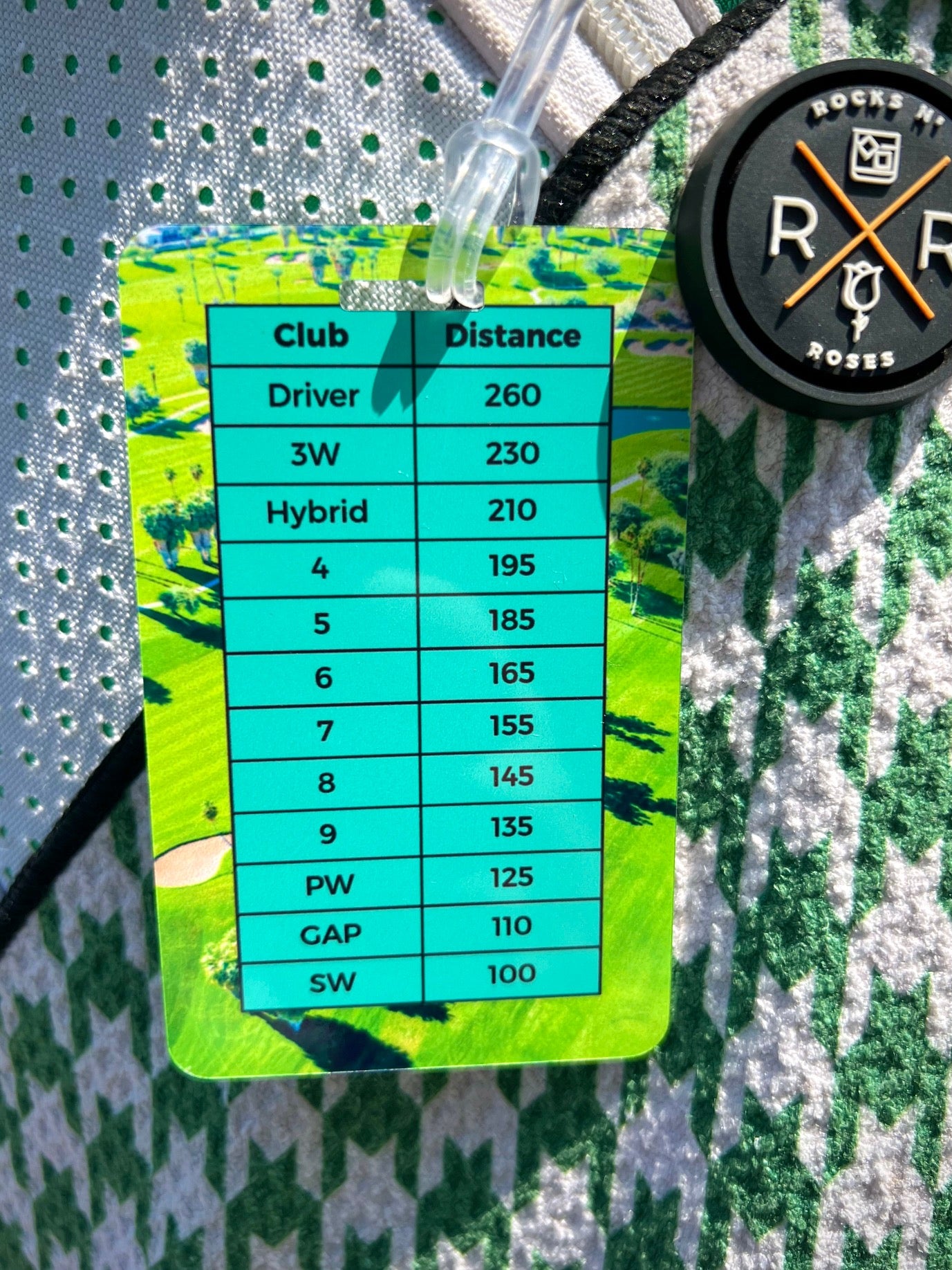 Image of the Rocks N' Roses Custom Printed Venmo golf bag tag with yardages for each club.