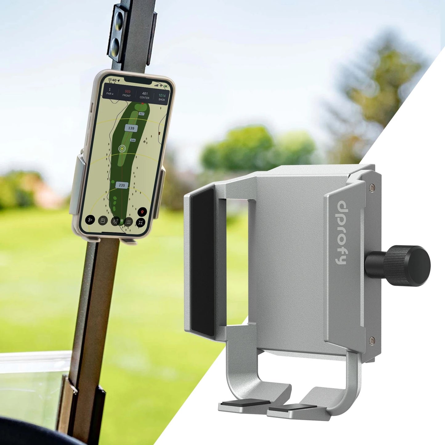 Stock image of the dprofy magnetic golf cart phone holder attached to the frame of a golf cart making it easy to see a preview of the golf course as well as yardages to the hole.