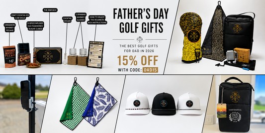 Father's Day Golf Gifts Hero Image featuring golf hats, golf towels, personalized shoe bags and bag tags. 15% OFF use code DAD15.