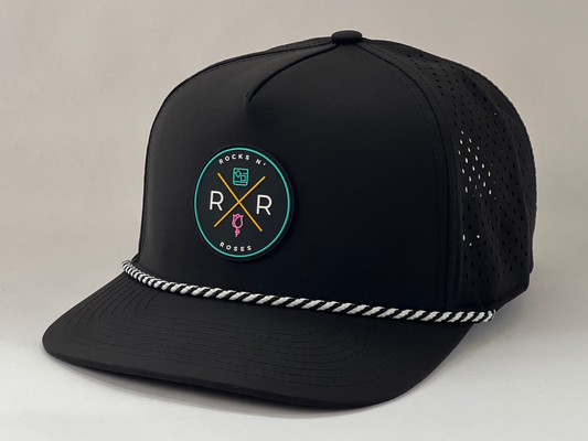 100% polyester Unisex black golf hat with laser perforated back, snapback closure, and black and white accent rope.