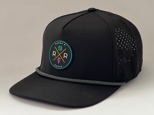 Unisex Black golf hat, multi-color logo, laser perforated for breathability, snapback with black and white accent rope. 