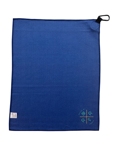 Image of the back of the Rocks N' Roses white and blue palm leaf patterned magnetic golf towel which features a carabiner for easy attachment to your golf bag and magnet for easy attachment to golf carts.