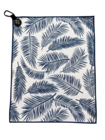 Image of the Rocks N' Roses magnetic golf towel with a blue and white palm leaf pattern complete with carabiner to attach to your golf bag and magnet for easy attachment to golf carts.