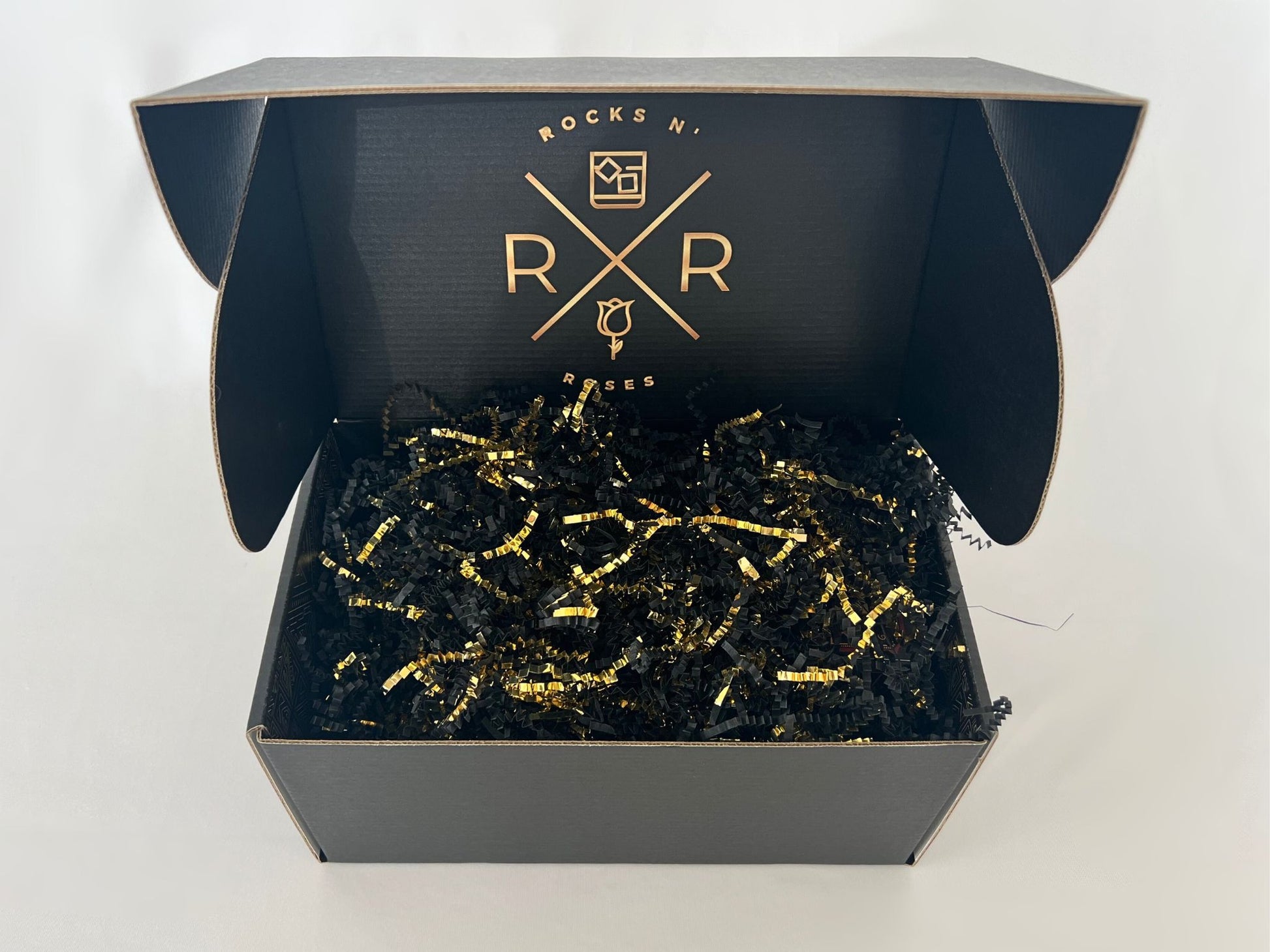 Image of the Bourbon Box Old Fashioned Gift Box open with gold and black crinkle paper. Perfect for corporate customer gifts.