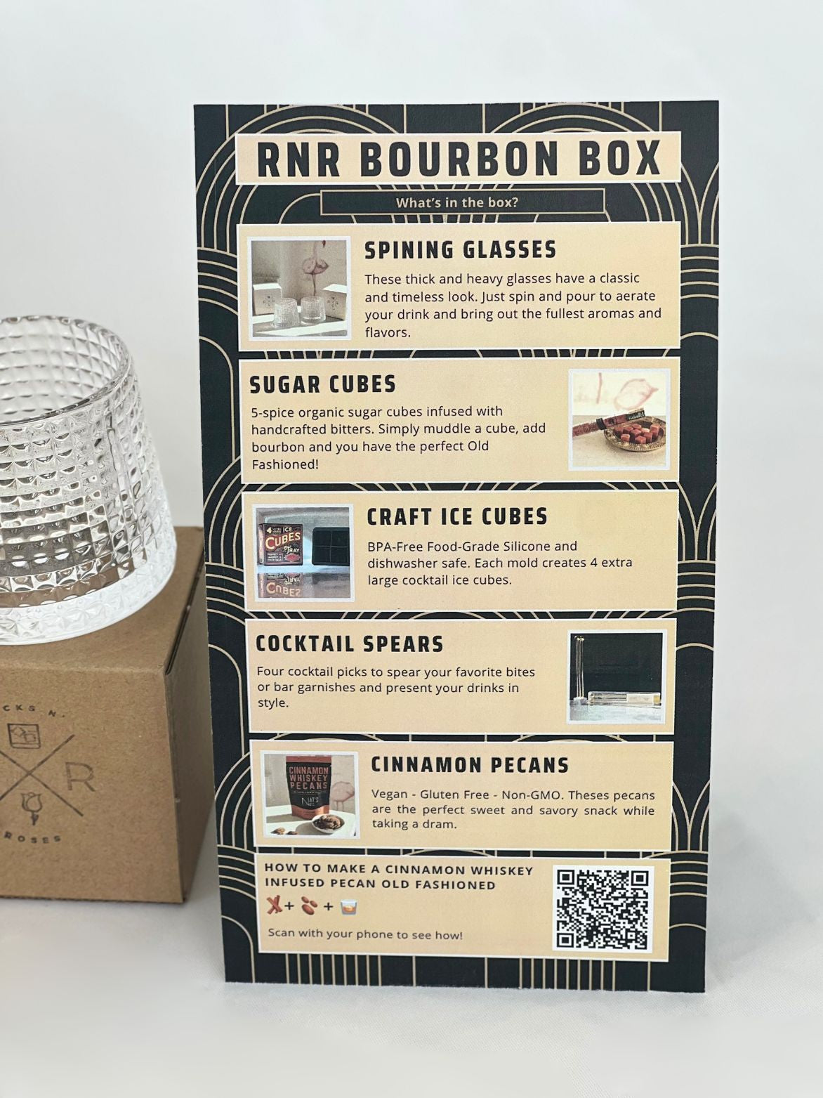 Bourbon Box What's in the Box Instruction Card that details the Bourbon Box's contents as well as a QR code to a video recipe on how to make the Cinnamon Whiskey Pecan Infused Old Fashioned.