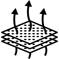 Icon of a layered material with arrows indicating airflow / breathability for Rocks N' Roses Performance Golf Hats.