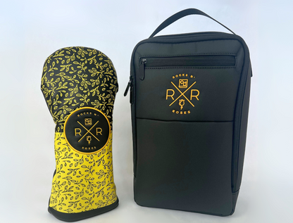Image of the Rocks N' Roses Drive Headcover and Shoe Bag Bundled featuring a black golf shoe bag and gold and black floral leather driver headcover.