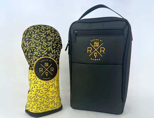 Image of the Rocks N' Roses Drive Headcover and Shoe Bag Bundled featuring a black golf shoe bag and gold and black floral leather driver headcover.