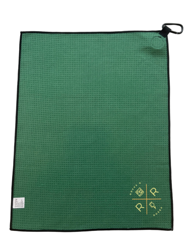 Image of the back of the Rocks N' Roses green and white houndstooth magnetic golf towel which features a carabiner for easy attachment to your golf bag and magnet for easy attachment to golf carts.