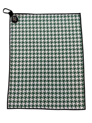 Image of the Rocks N' Roses magnetic golf towel in a green and white houndstooth pattern complete with carabiner to attach to your golf bag and magnet for easy attachment to golf carts.