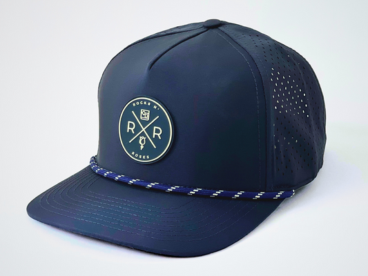 Rocks N' Roses Polyester Navy Blue Golf Hat with Blue and White Rubber logo and blue and white decorative rope. 