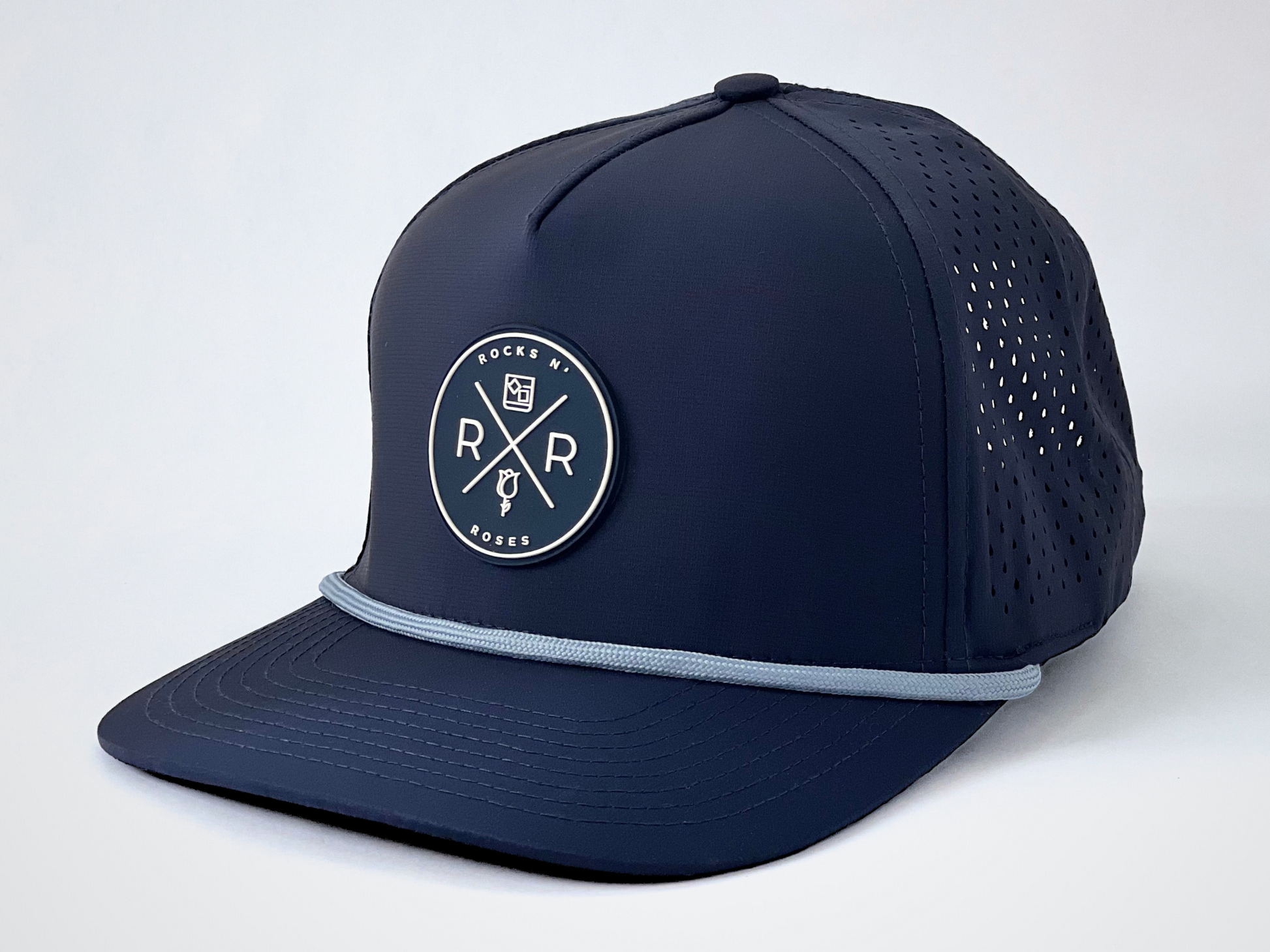 Rocks N' Roses Polyester Navy Blue Golf Hat with Blue and White Rubber logo and light blue decorative rope. 
