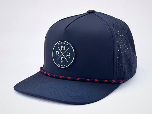 Rocks N' Roses Polyester Navy Blue Golf Hat with Blue and White Rubber logo and blue and red decorative rope. 
