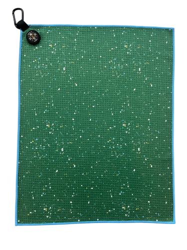 Image of the Rocks N' Roses magnetic golf towel in a green with paint splatter pattern complete with carabiner to attach to your golf bag and magnet for easy attachment to golf carts.