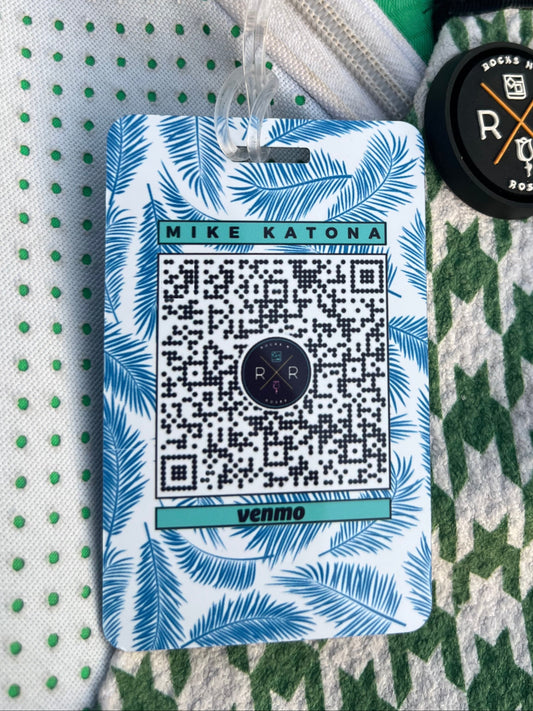 Image of the blue and white palms aluminum Venmo golf bag tag with QR code to scan to send Venmo payment.