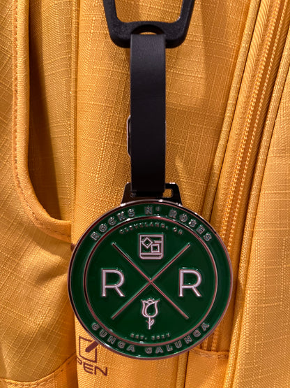 Rocks N' Roses Gunga Galunga Metal Die Stamped Bag Tag in green and white with a leather strap.