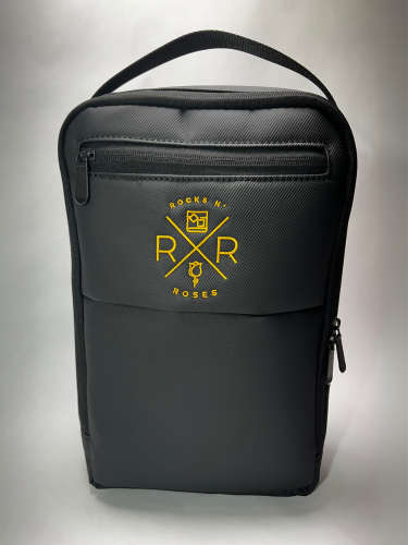 Image of the Rocks N' Roses Golf Shoe Bag made of a black textured water-resistant nylon material and embroidered with a gold Rocks N' Roses logo.