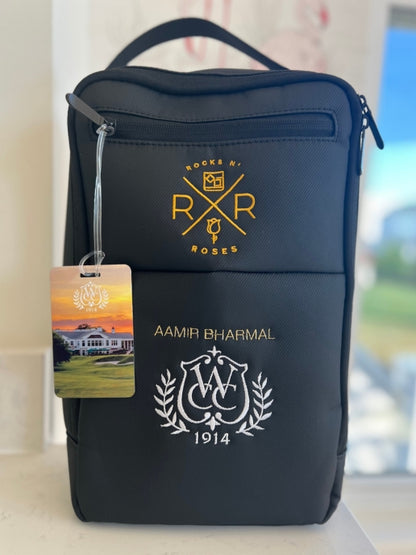 Image of the Rocks N' Roses Golf Shoe Bag featuring personalization with the golfer's name and country club.