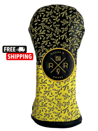 Image of the Rocks N' Roses PU Leather Driver Headcover in a black and gold floral pattern.