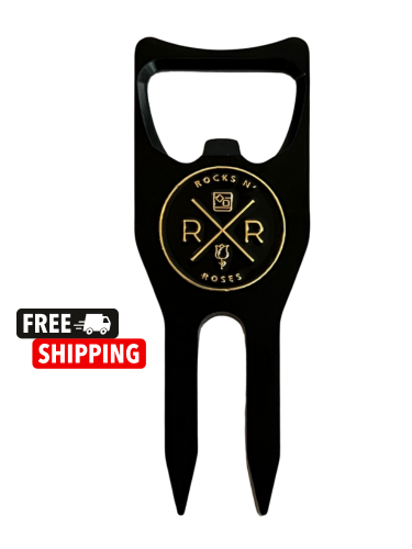 Image of the black and gold Rocks N' Roses Golf Multi-tool. This divot repair tool can not only be used to repair divots, it also included a black and gold die-stamped ball marker and functions as a club rest and bottle opener.