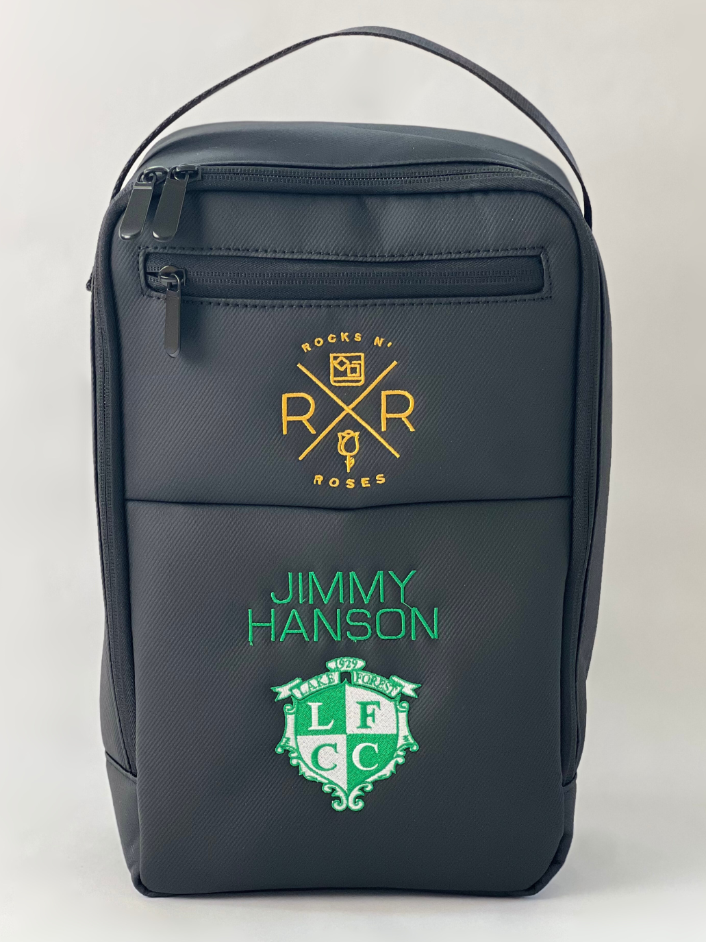 Image of the Rocks N' Roses water-resistant nylon golf shoe bag with custom embroidery featuring a country club's logo and golfer's first and last name.