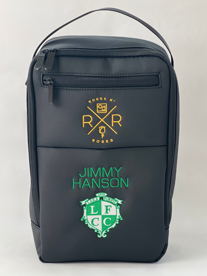 Image of the Rocks N' Roses water-resistant nylon golf shoe bag with custom embroidery featuring a country club's logo and golfer's first and last name.
