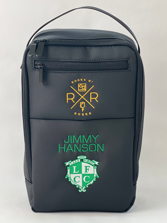 Image of the Rocks N' Roses water-resistant nylon golf shoe bag with custom embroidery featuring a country club's logo and golfer's first and last name.
