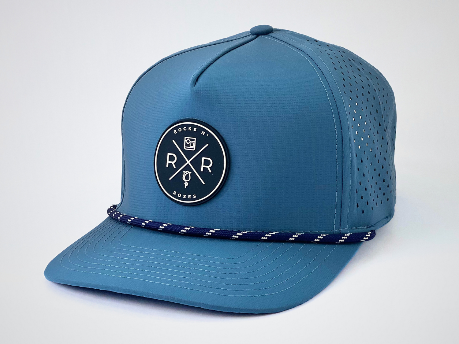 Rocks N' Roses Polyester Steel light Blue Golf Hat with Blue and White Rubber logo and blue and white decorative rope.