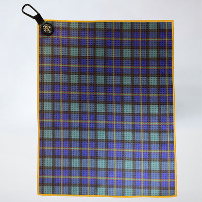 Photo of the Rocks N' Roses magnetic golf towel in tartan plaid complete with carabiner to attach to your golf bag and magnet for easy attachment to golf carts.