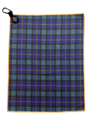 Image of the Rocks N' Roses magnetic golf towel in tartan plaid complete with carabiner to attach to your golf bag and magnet for easy attachment to golf carts.