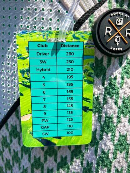 Image of the Rocks N' Roses Custom Printed Venmo golf bag tag with yardages for each club.