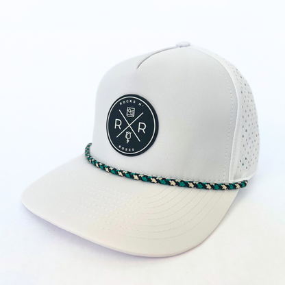 White Snapback Golf Hat – Black, White & Teal Patterned Rope White Snapback Golf Hat – Black, White & Teal Patterned Rope