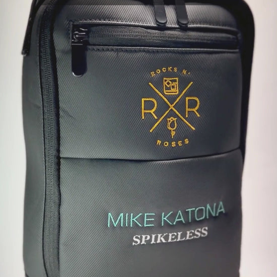 Rocks N' Roses custom embroidered golf shoe bag personalized with the golfers name, golf shoe spike type - Spikeless/Spikes, as well as club or course logo.