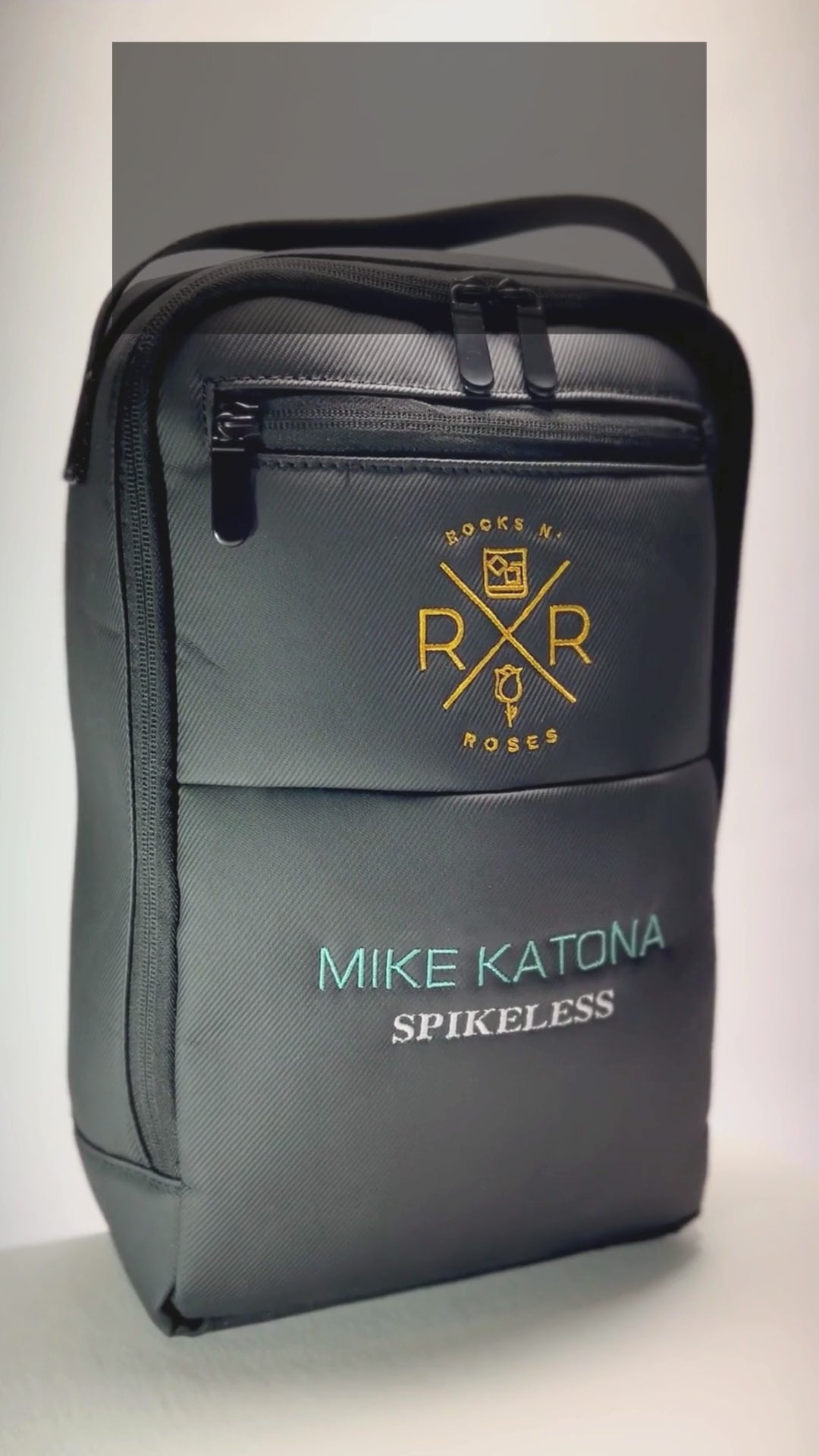 Rocks N' Roses custom embroidered golf shoe bag personalized with the golfers name, golf shoe spike type - Spikeless/Spikes, as well as club or course logo.