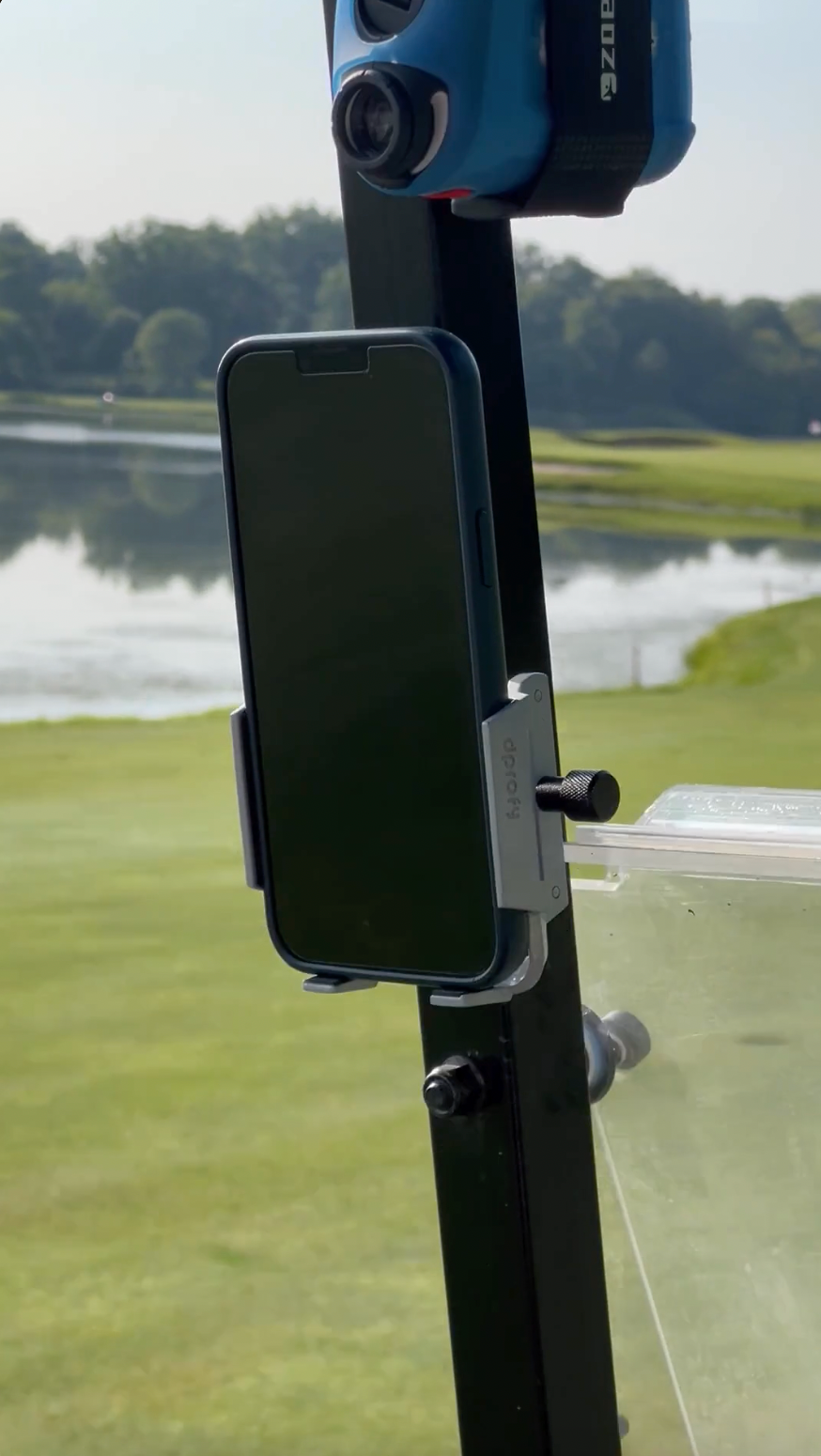 Video of the Magnetic Golf Cart Phone Holder showing the powerful N82 magnet with super strong hold, adjustable frame that fits all phone sizes and how it can be used to easily pull up hole previews and yardages, enter scores and play music.