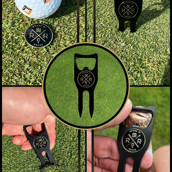 The Rocks N' Roses 4-in-1 Multi-Tool. It's a Divot Repair Tool, Magnetic Ball Marker, Bottle Opener, and Club Rest to keep your grips dry on those wet mornings.